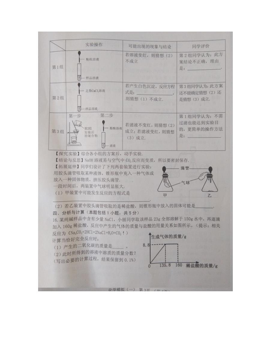 [中学联盟]山东省东明县小井乡初级中学2016届九年级中考学业水平检测（一）化学试题（图片版，无答案）_第1页