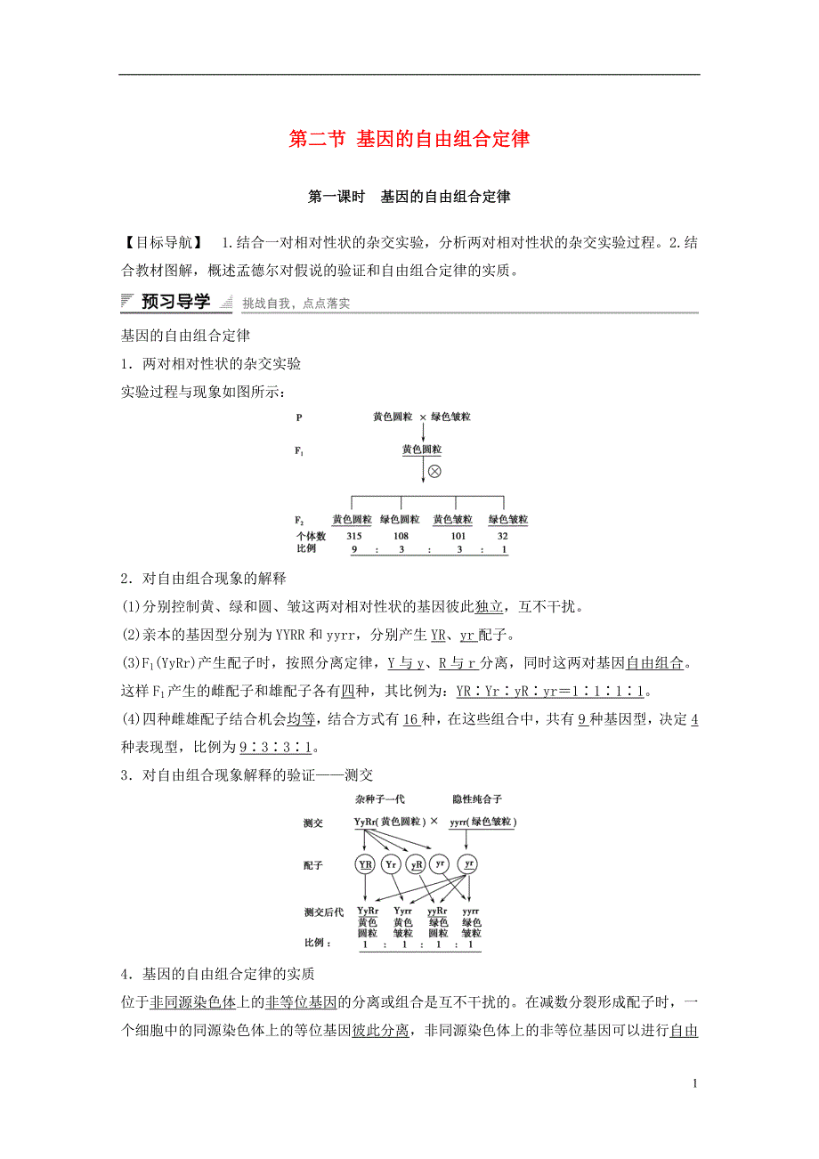 【步步高 学案导学与随堂笔记】2016-2017学年高中生物 第三章 第二节 基因的自由组合定律（第1课时）课时作业 苏_第1页