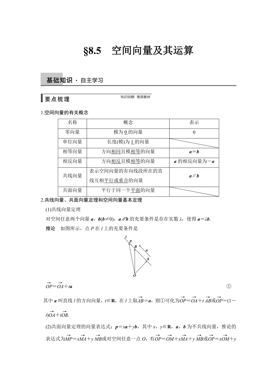 【步步高】2015高考数学（苏教版，理）一轮配套文档：第8章8.5空间向量及其运算_第1页