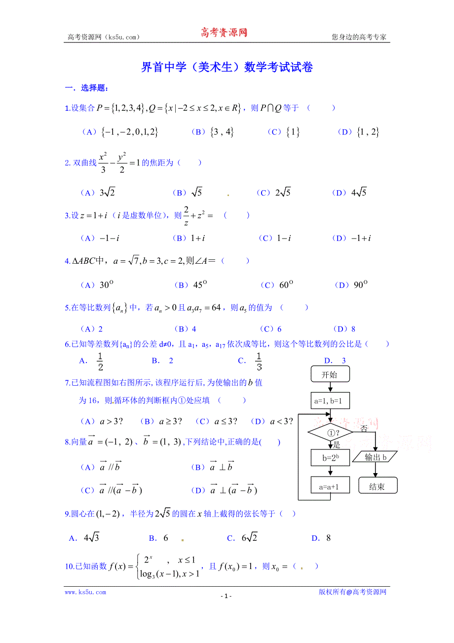 安徽省2016届高三艺术班模拟（一）数学试题 word版无答案_第1页