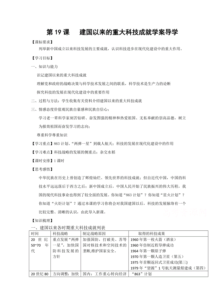 【河东教育】高中历史学案人教版必修3第19课《建国以来的重大科技成就》1_第1页