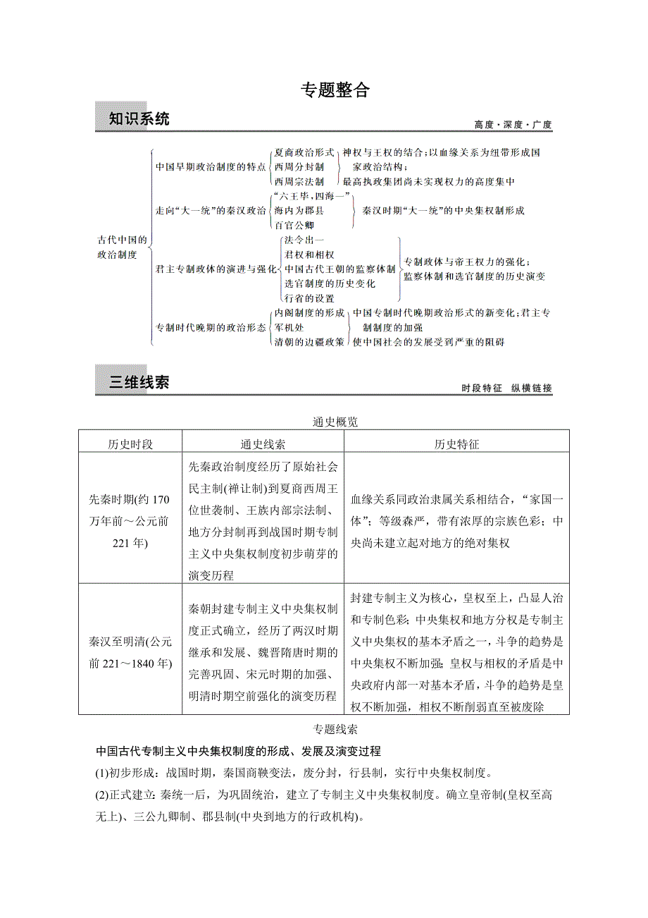 【步步高】2015高考历史（人民版）大一轮专题回顾：专题一古代中国的政治制度_第1页