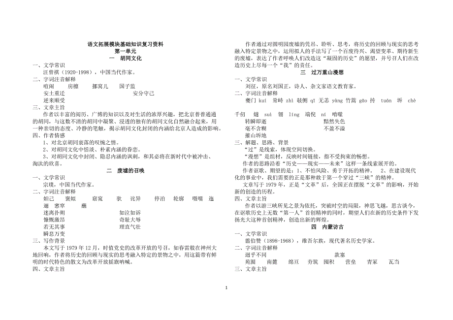 高教版语文拓展模块基础知识复习资料含文章主旨_第1页