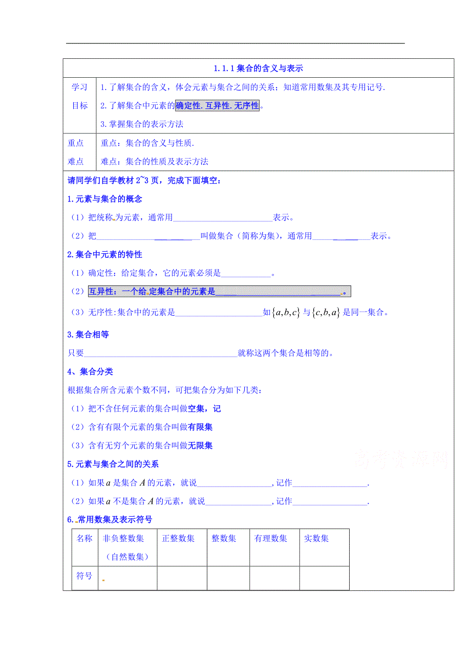 【整合】高一数学人教a版必修一 第一章 1.1.1集合的含义与表示 导学案 _第1页