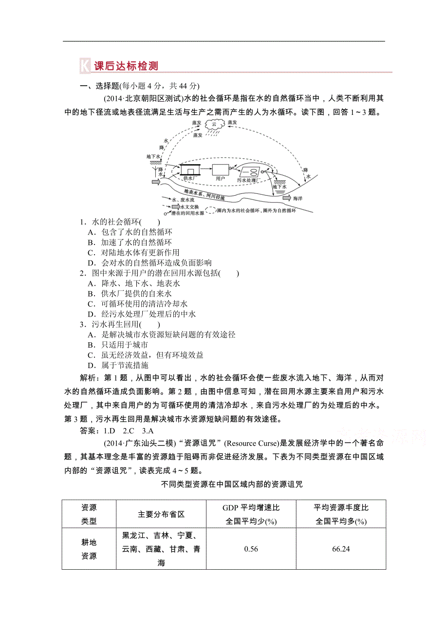 【优化方案】2015年高考高中地理（人教版、全国通用）复习学案：第11章第24讲课后达标检测_第1页