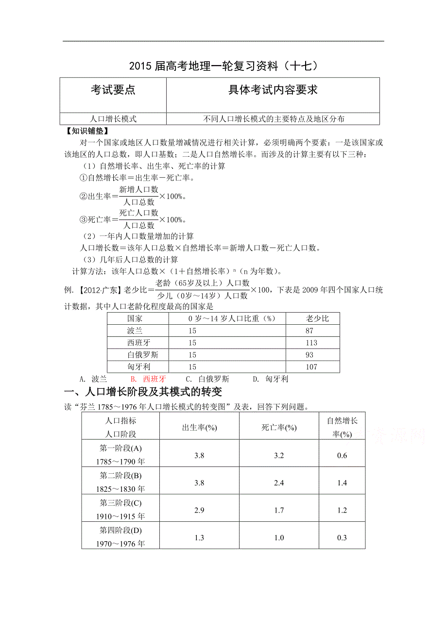 江苏省如皋中学2015届高三地理一轮复习教学案 17人口增长模式 _第1页