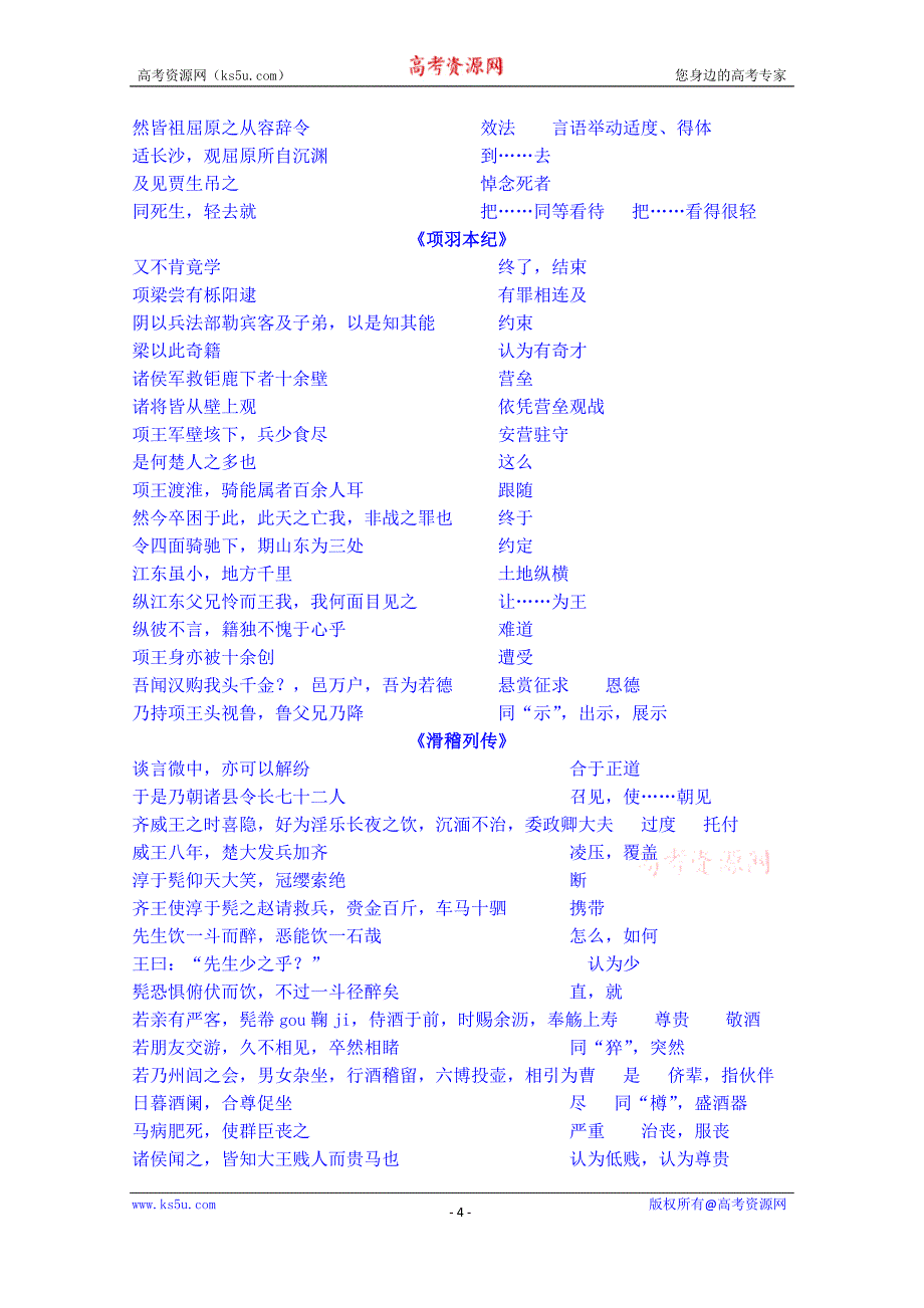 江苏省宿迁市马陵中学高中语文苏教版学案 选修《史记选读》之选读文言文重点词句整理_第4页