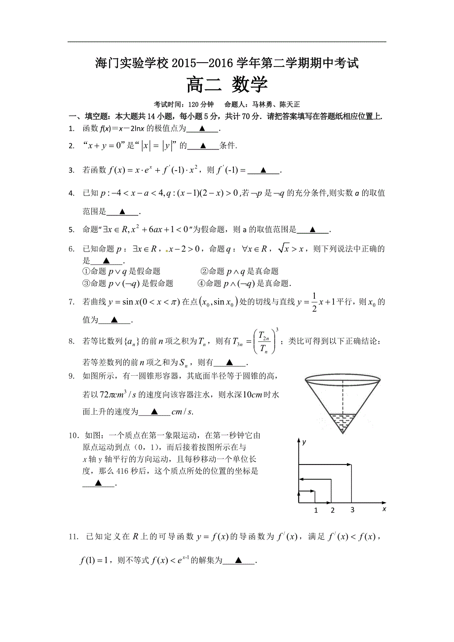 江苏省海门实验学校2015-2016学年高二下学期期中考试数学试卷 word版含答案_第1页