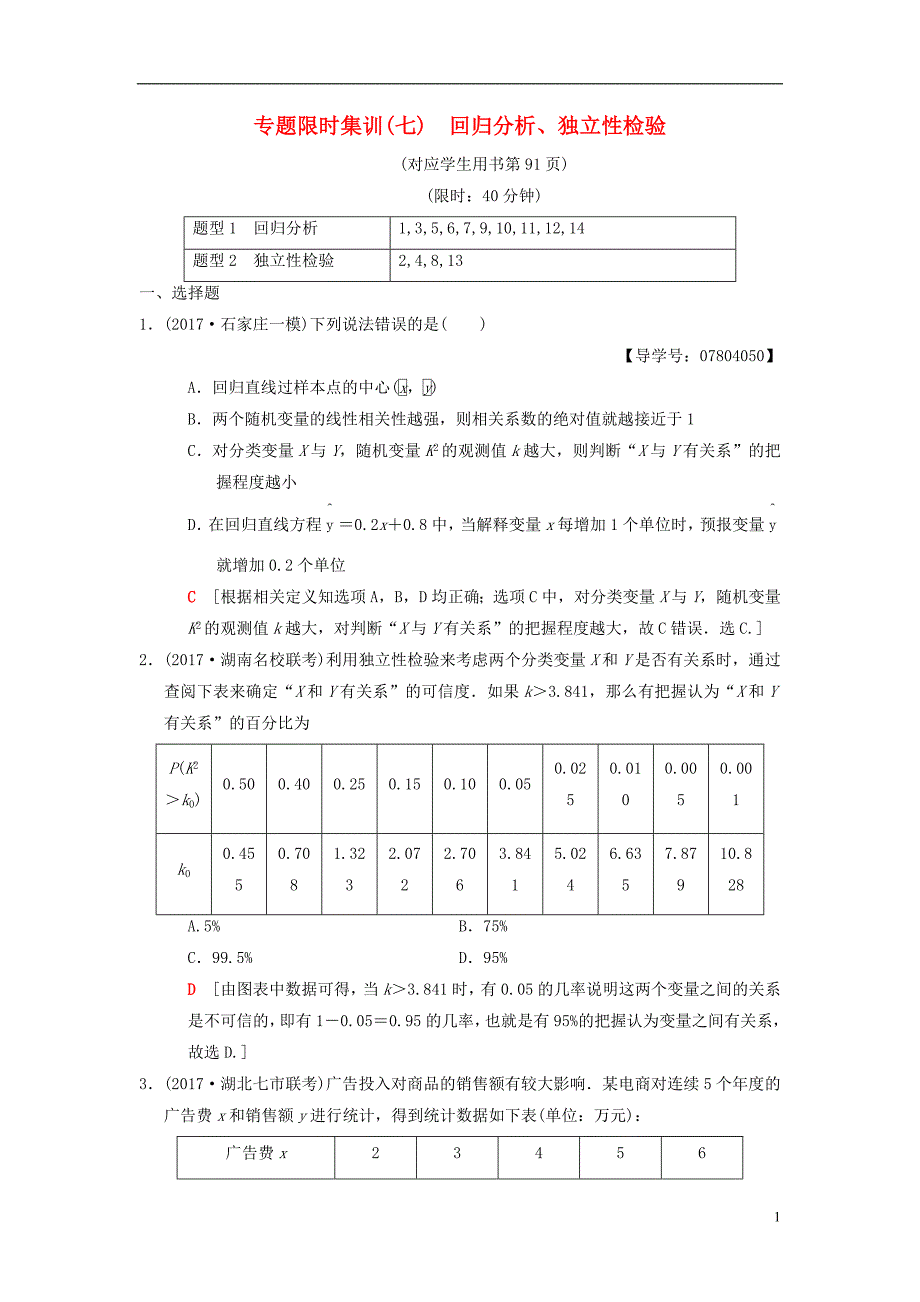 2018版高考数学二轮复习第1部分重点强化专题专题3概率与统计专题限时集训7回归分析独立性检验理_第1页