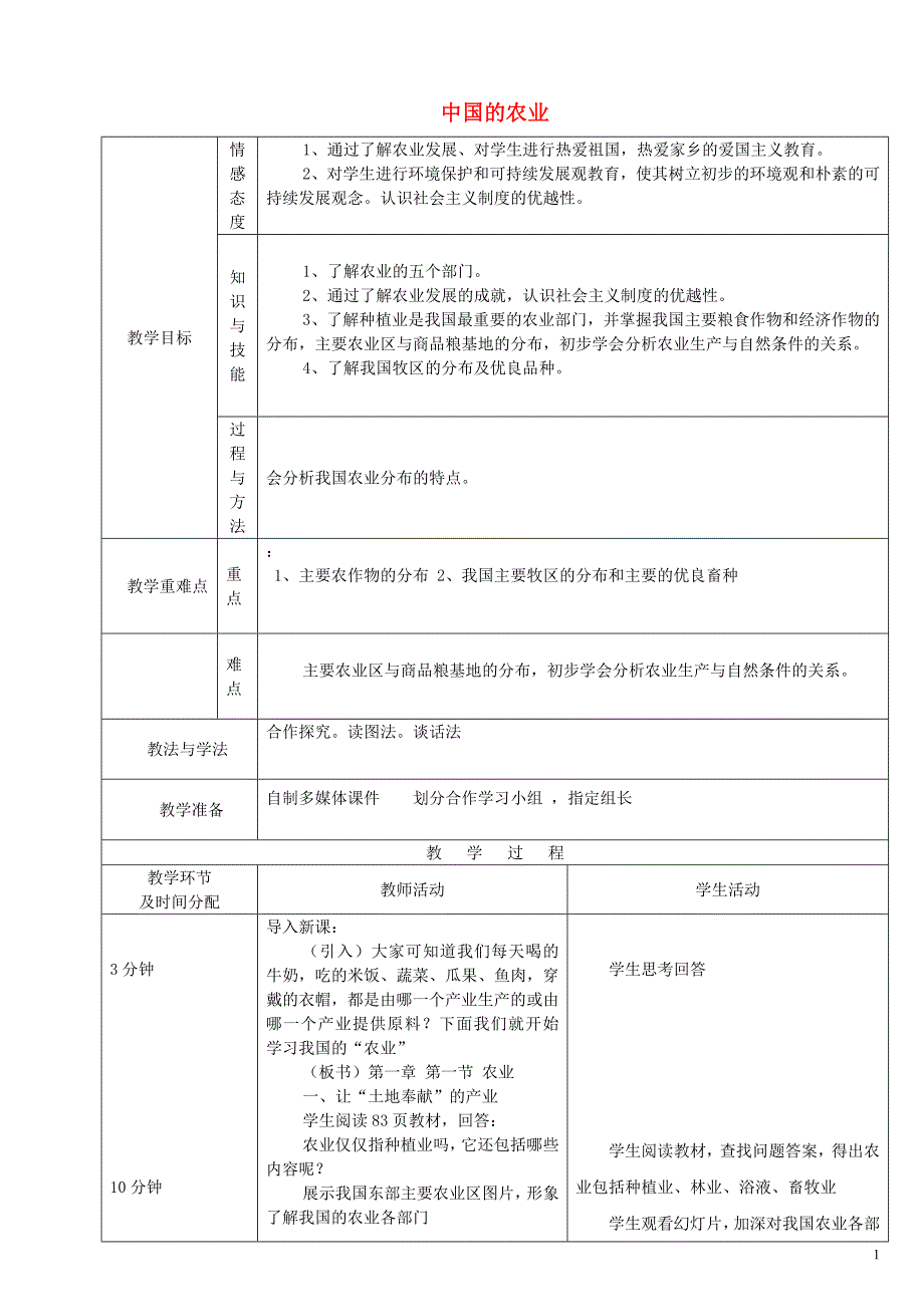 安康市紫阳县紫阳中学初中部八年级地理上册 4.1 中国的农业教案 （新版）湘教版_第1页