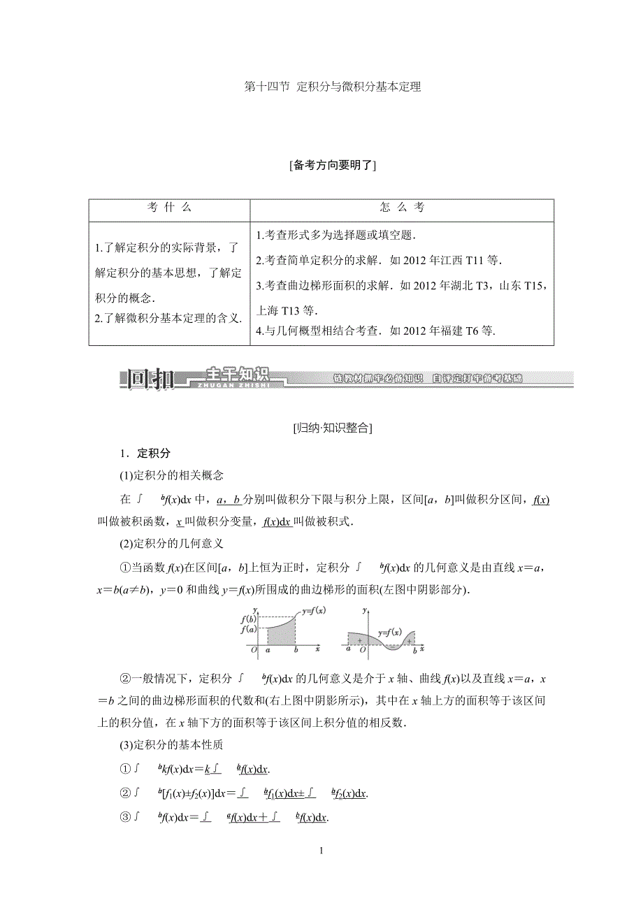 2016届高三数学一轮复习知识点归纳与总结：定积分与微积分的基本定理_第1页