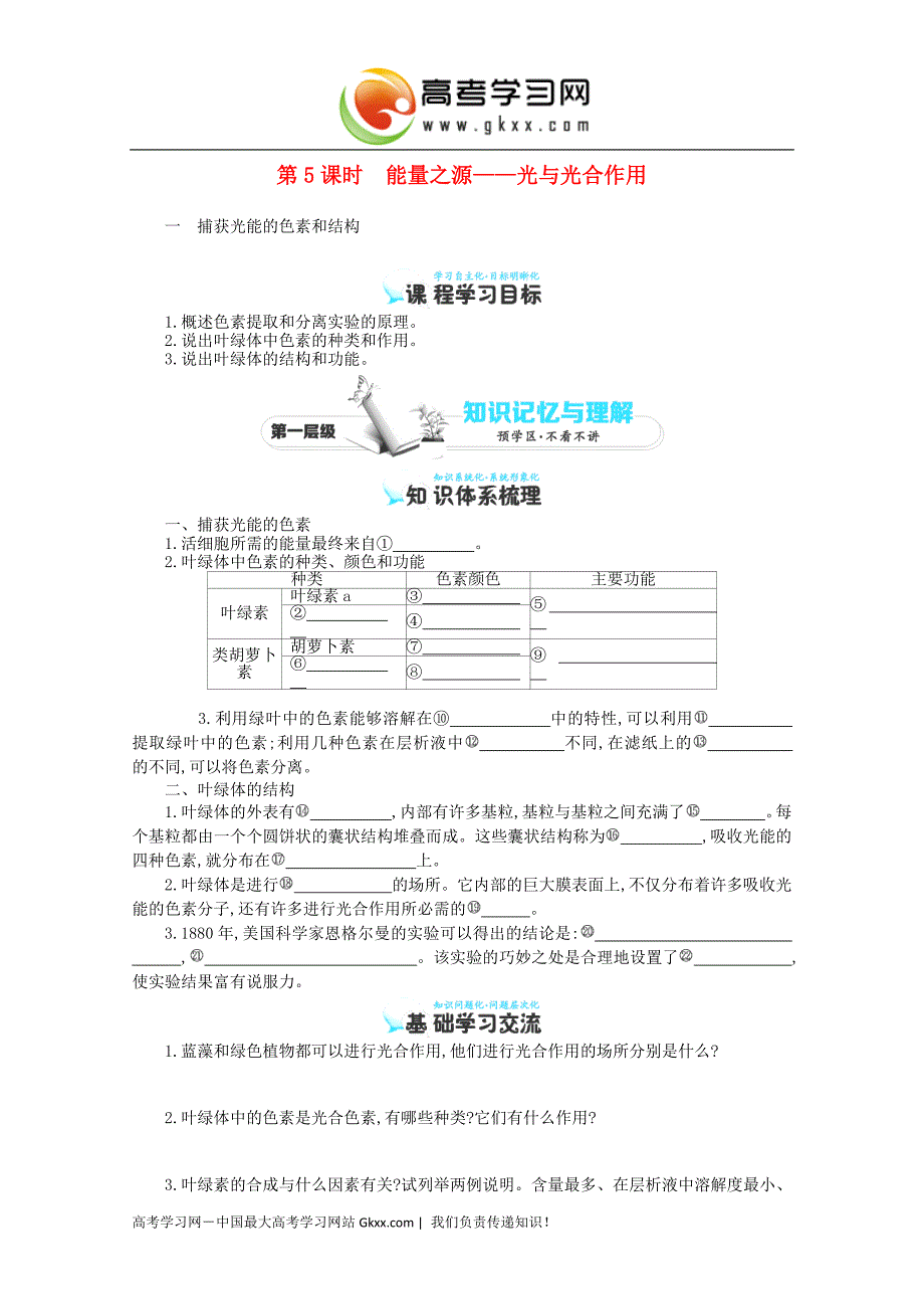 2017学年四川高一生物学案：+第5章+第4节《能量之源-光与光合作用（一）+（新人教版必修1）_第1页