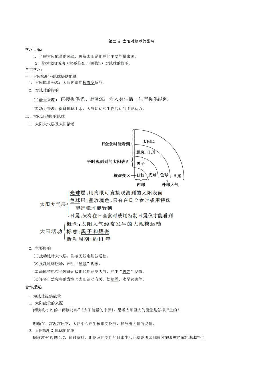 【导与练】2015高考地理总复习配套学案：太阳对地球的影响_第1页