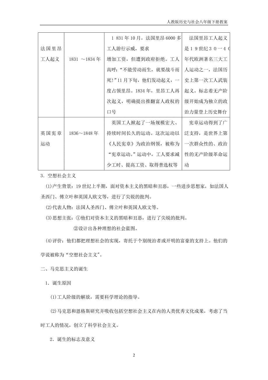 人教版历史与社会八下7.2《工人的斗争与马克思主义的诞生》教案_第2页