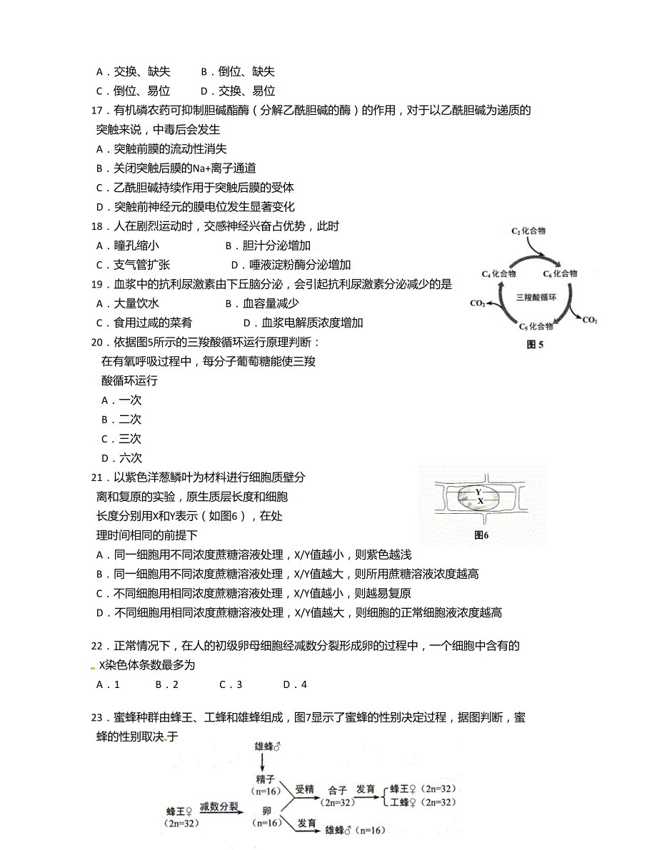 [中学联盟]上海市高境第一中学2016版高三5月热身考试生物试题（无答案）_第3页