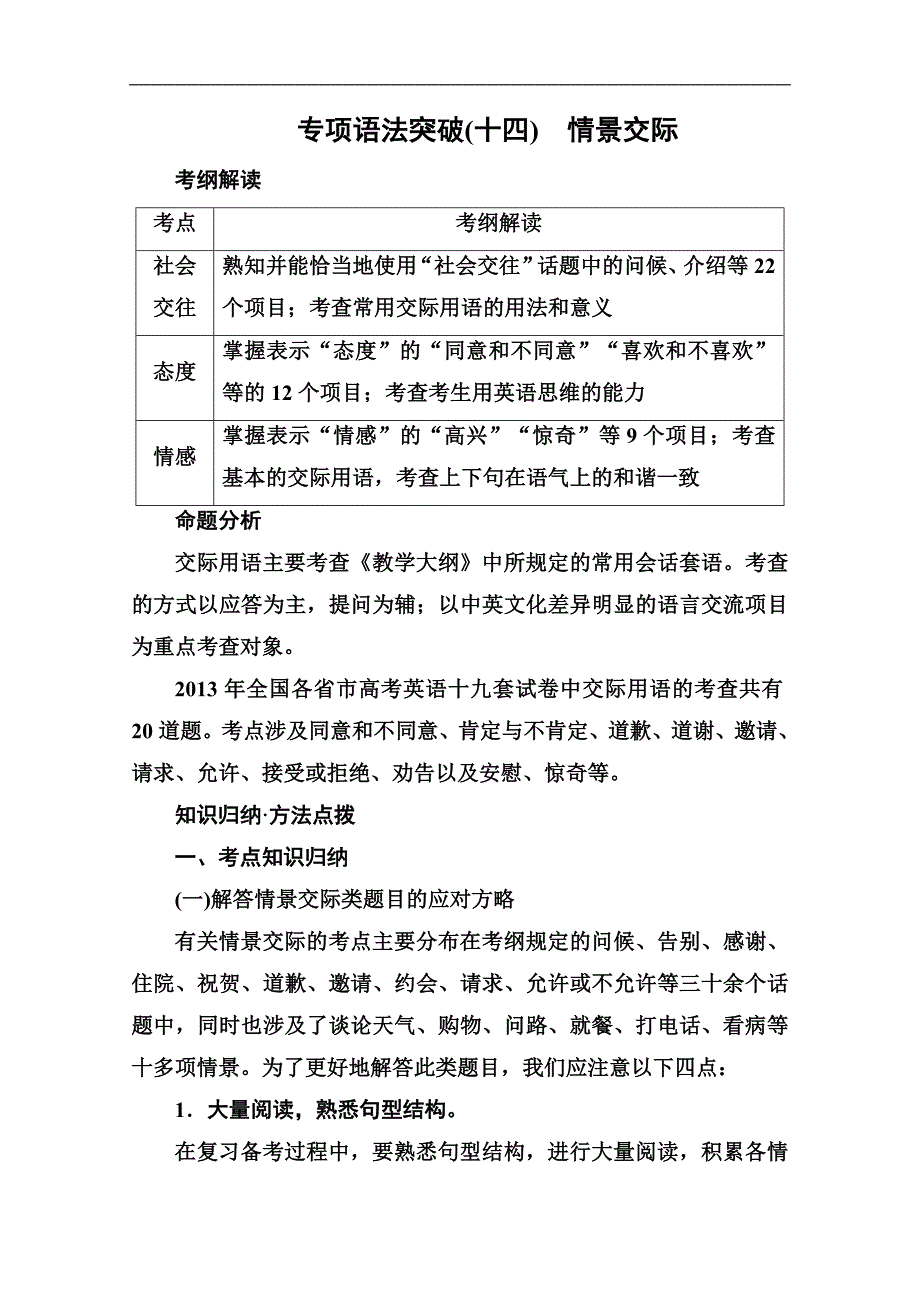 【走向高考】2015高考英语（外研版 七省专用）语法专题复习：情景交际_第1页