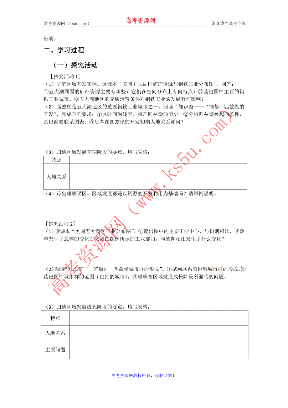 山东省临清各校自编高中地理精品学案：必修3 1.3 区域发展阶段与人类活动（鲁教版必修3）_第2页