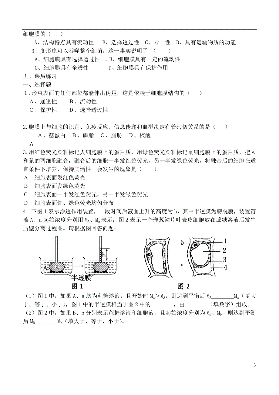 2016-2017广东省东莞市大朗中学高中生物 4.2《生物膜的流动镶嵌模型》导学案（无答案）新人教版必修1_第3页