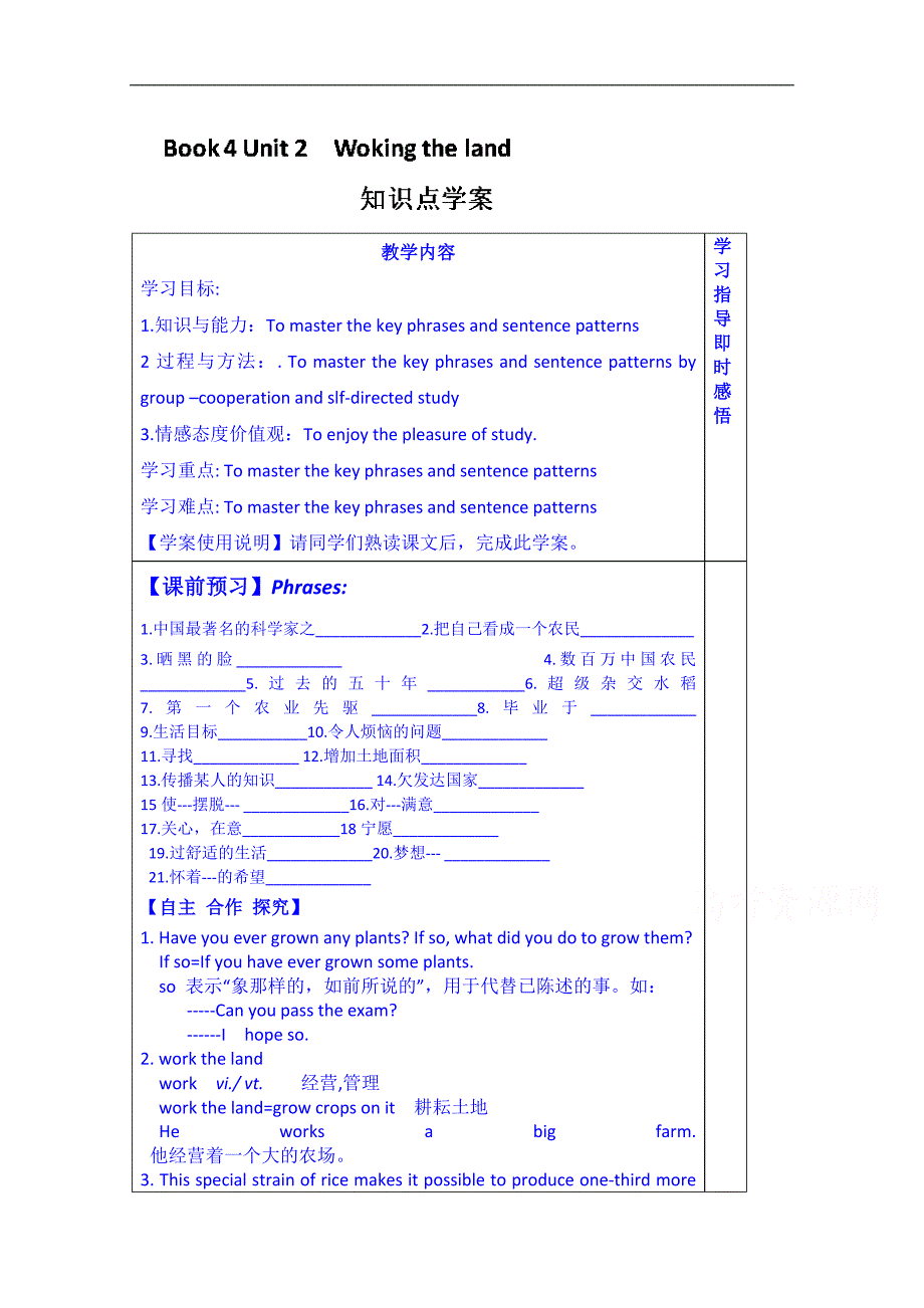 山东省泰安市肥城市第三中学英语高中人教版学案 必修四：unit 2 woking the land 知识点2（学生版）_第1页