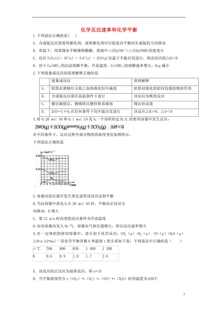 山东省枣庄市山亭区2017届高三化学一轮复习 专题 化学反应速率和化学平衡_第1页