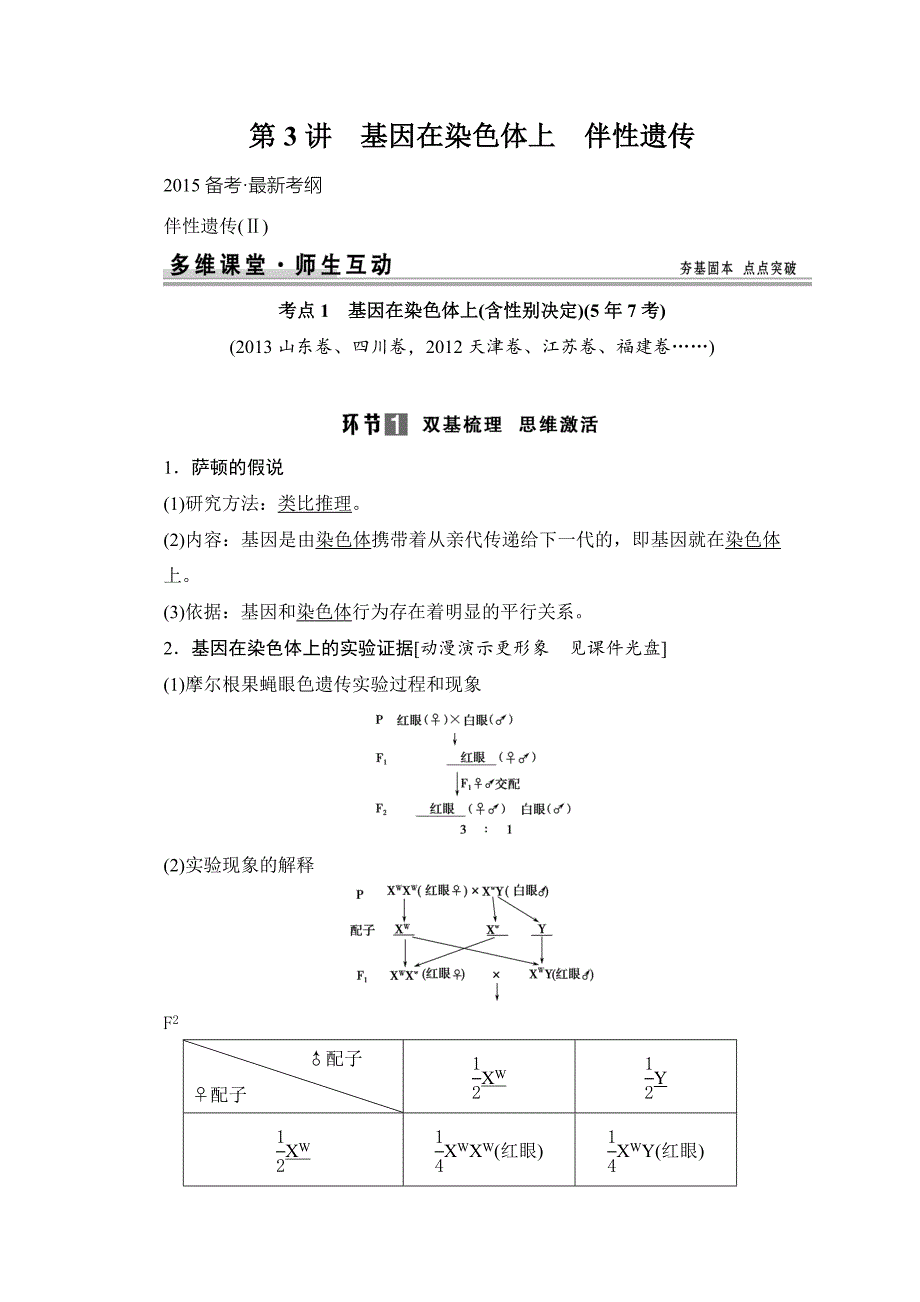 【创新设计】2015高考生物（人教版，山东专用）总复习教学案：必修2第1单元第3讲　基因在染色体上　伴性遗传_第1页