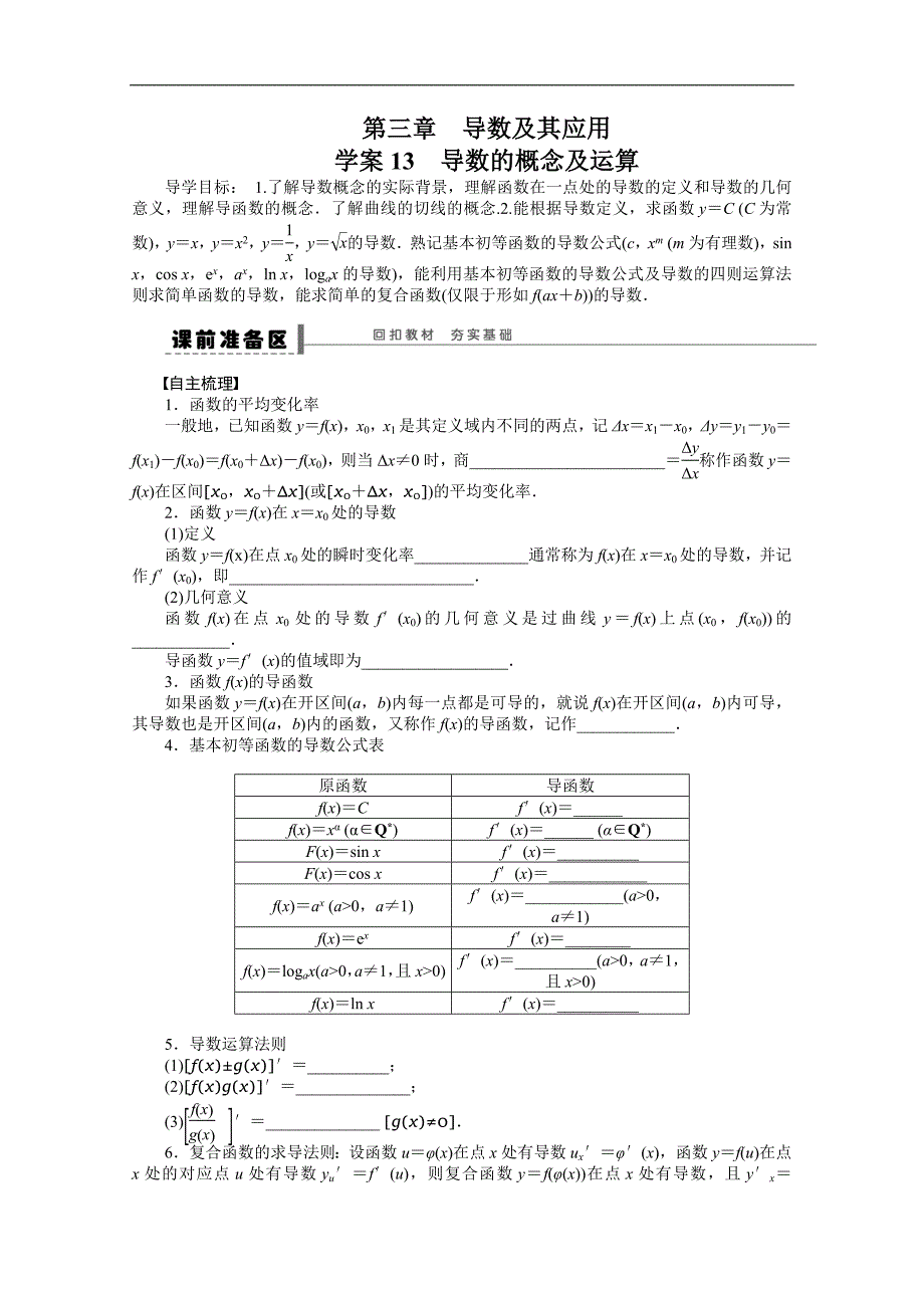 【优化方案】2015高考数学（人教版）一轮复习学案13　导数的概念及运算_第1页