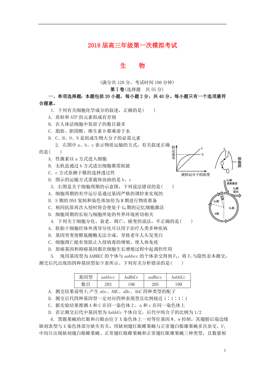 江苏省扬州市2018届高三生物第一次模拟考试试题_第1页