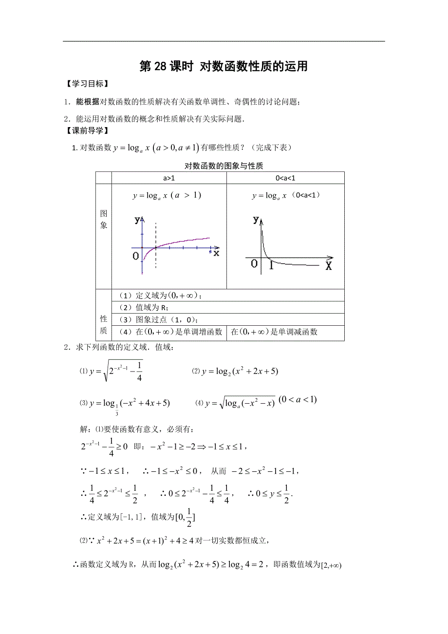 江苏省高中数学学案：28《对数函数性质的运用》（苏教版必修1）_第1页