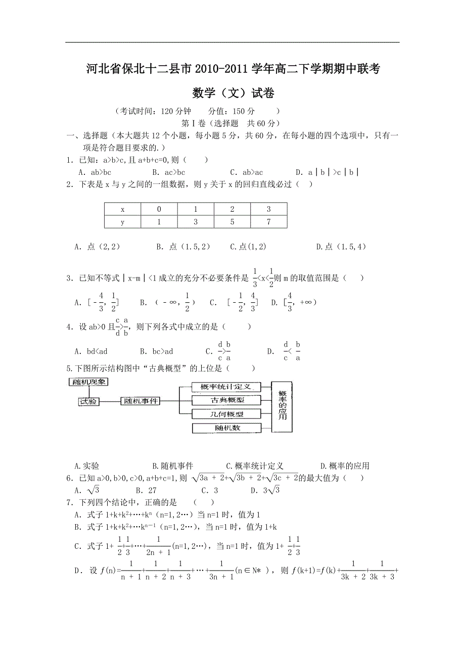 河北省保北十二县市2010-2011学年高二下学期期中联考（数学文）_第1页