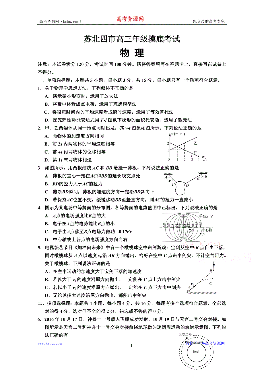 江苏省苏北四市2017届高三上学期摸底考试（11月）物理word版含答案_第1页