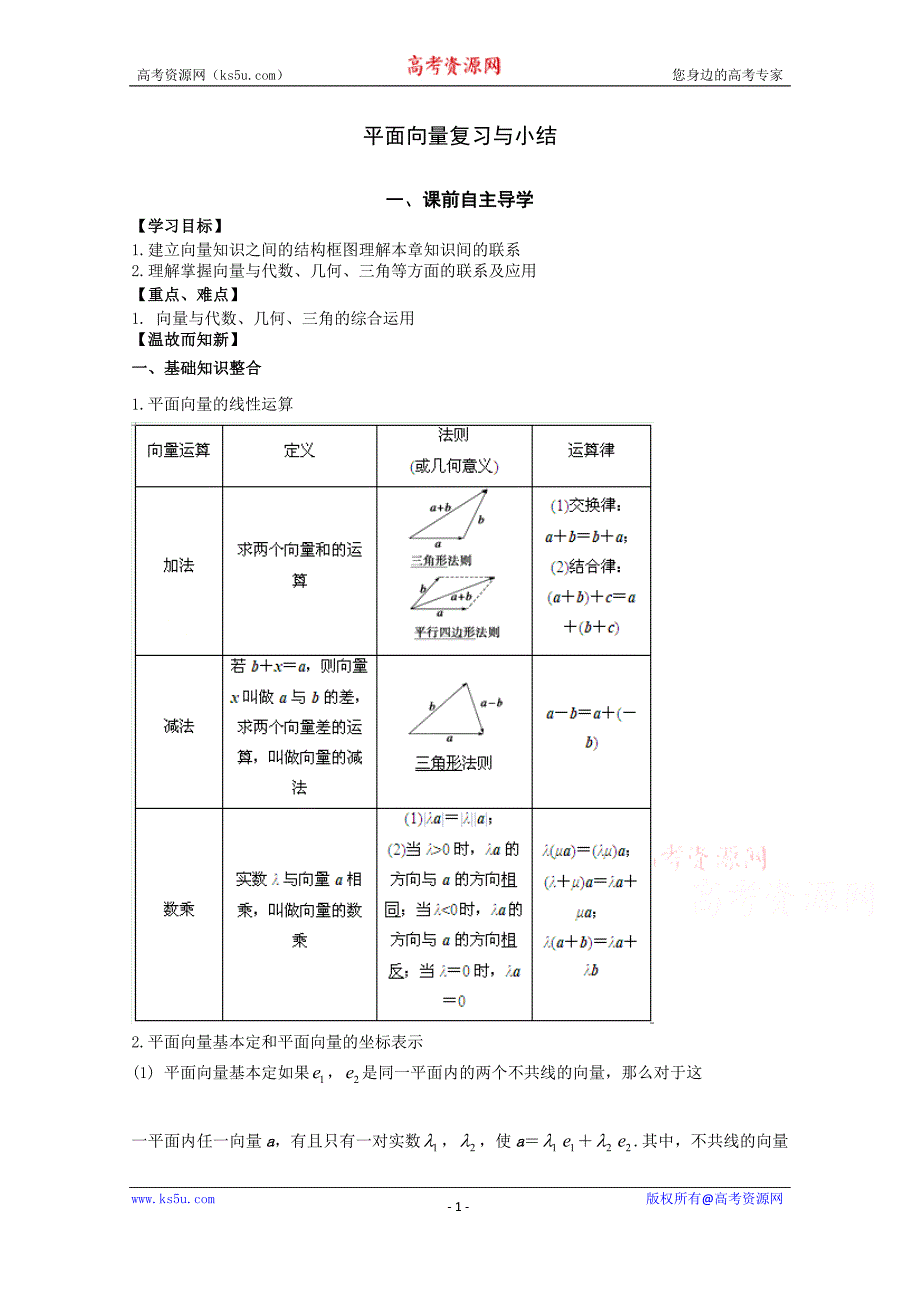 江西省高中数学必修四《平面向量复习与小结》导学案（学生版）_第1页