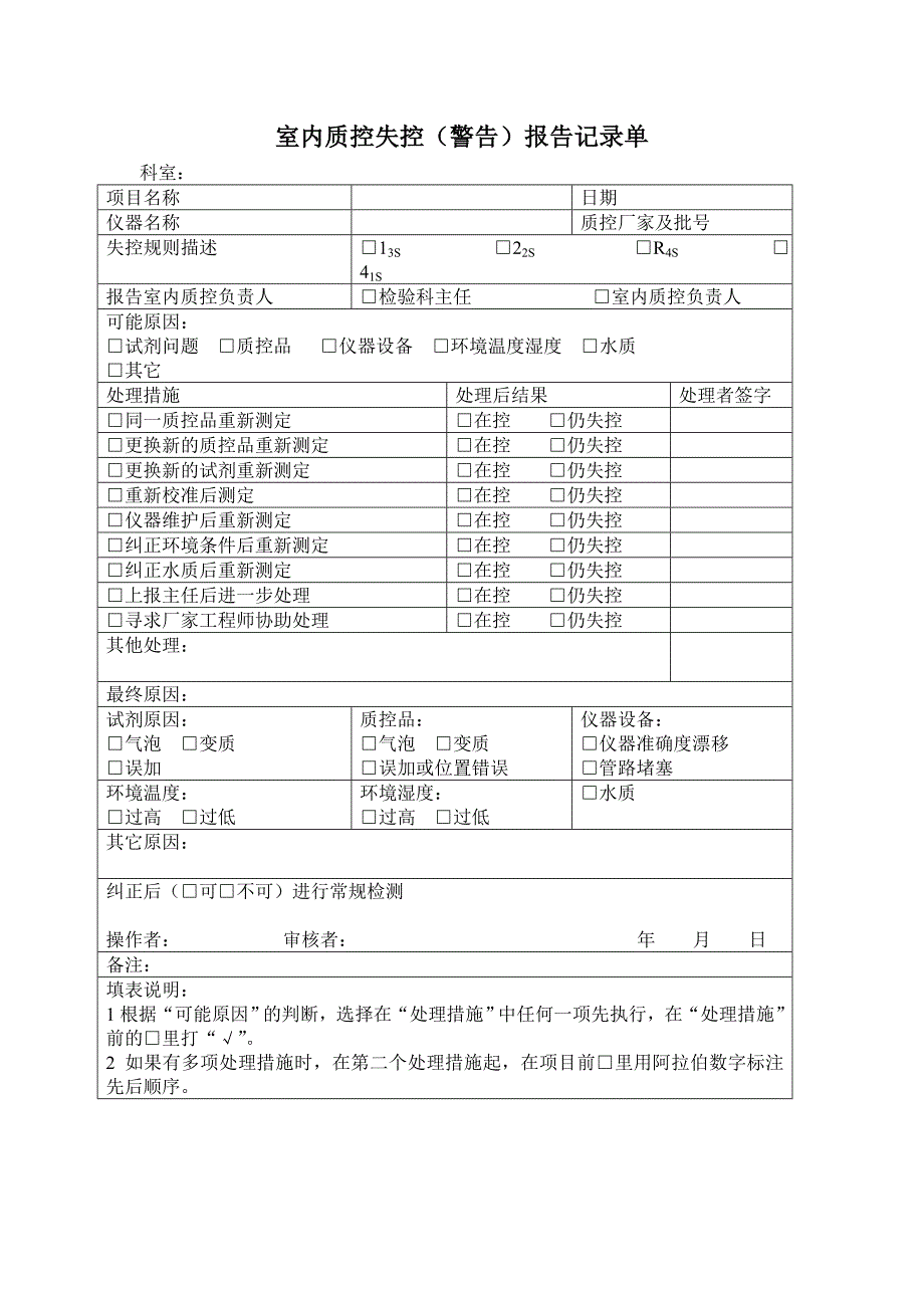 室内质控失控报告记录单_第1页