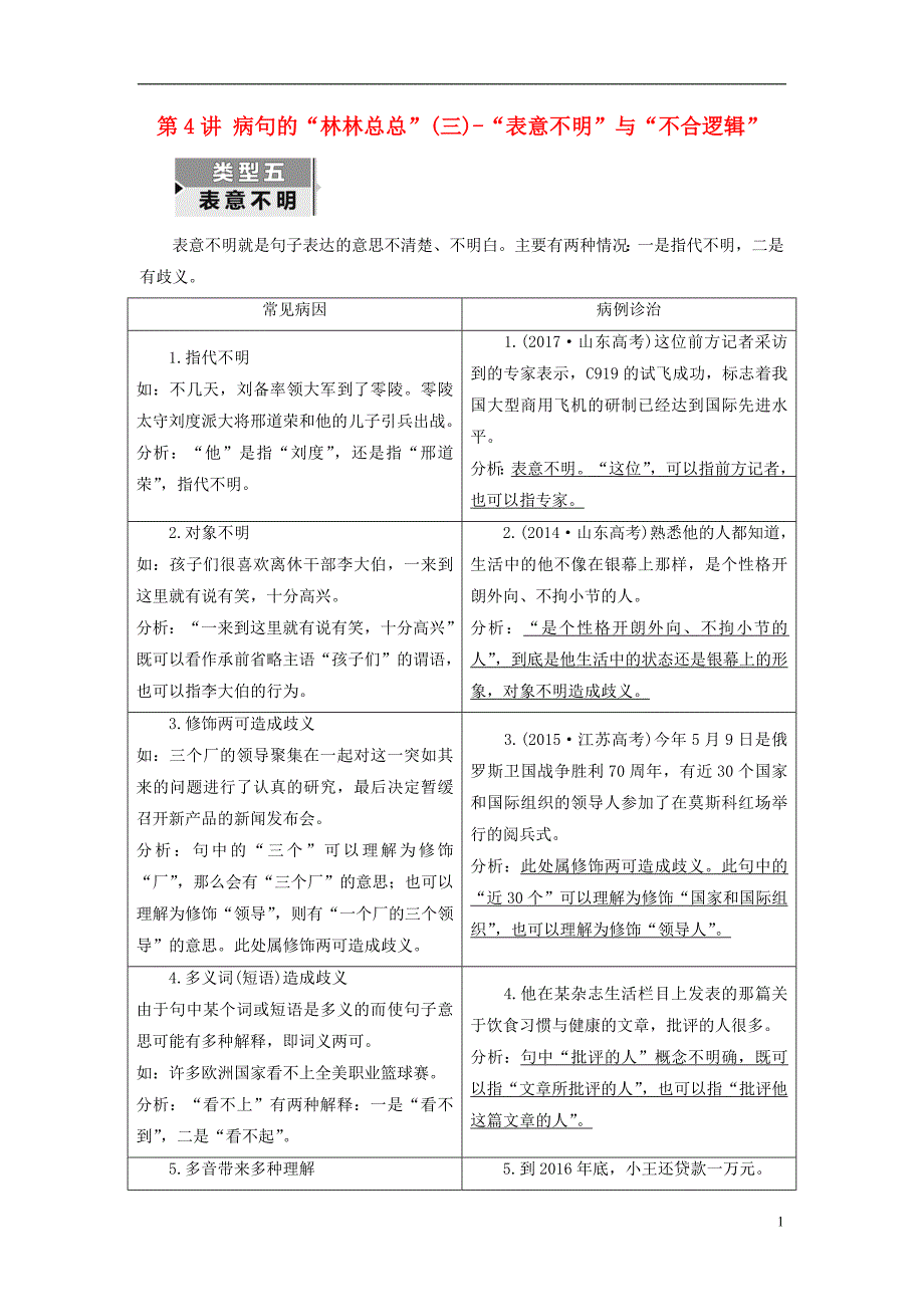 （全国通用版）2019版高考语文一轮复习 专题二 辨析病句 第4讲 病句的“林林总总”（三）-“表意不明”与“不合逻辑”_第1页