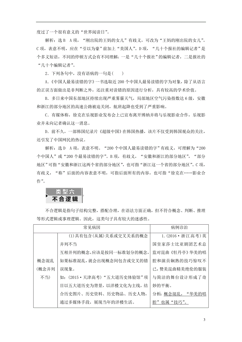 （全国通用版）2019版高考语文一轮复习 专题二 辨析病句 第4讲 病句的“林林总总”（三）-“表意不明”与“不合逻辑”_第3页