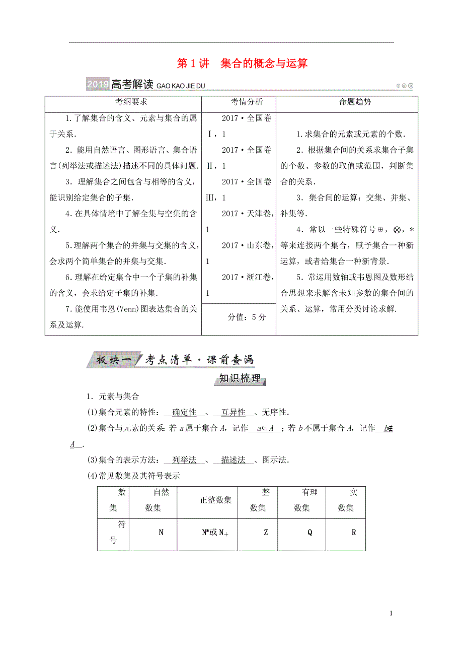 （全国通用版）2019版高考数学大一轮复习 第一章 集合与常用逻辑用语 第1讲 集合的概念与运算优选学案_第1页