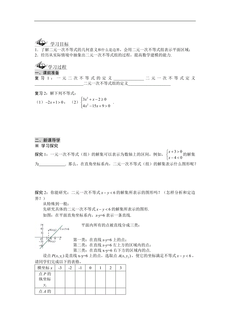 福建省泉州十五中高一数学导学案：3.3.1二元一次不等式（组）与平面区域（二）  必修5_第1页