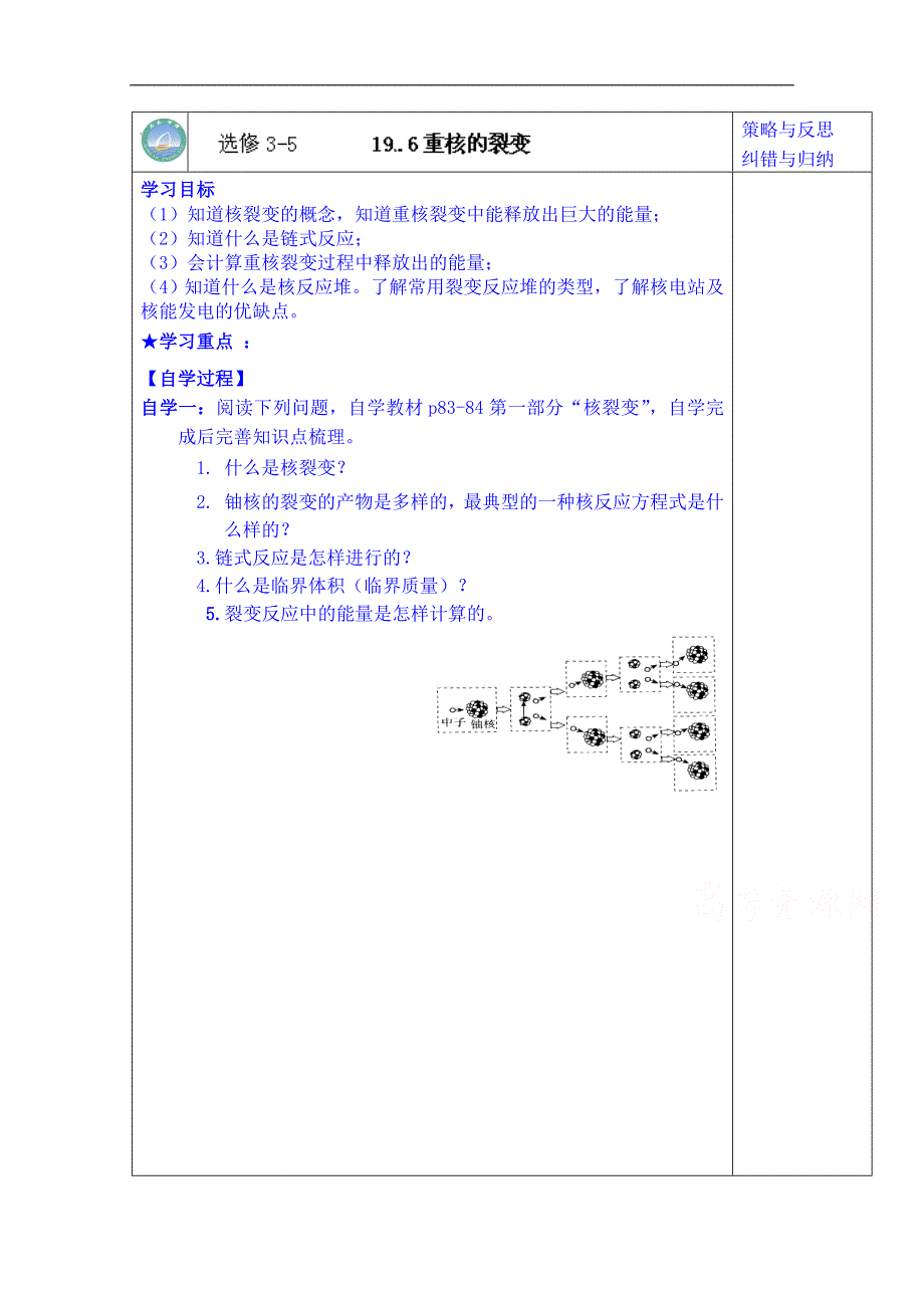 陕西省西安市庆安高级中学高二高中物理选修3-5导学案：020 19.6 重核裂变_第1页