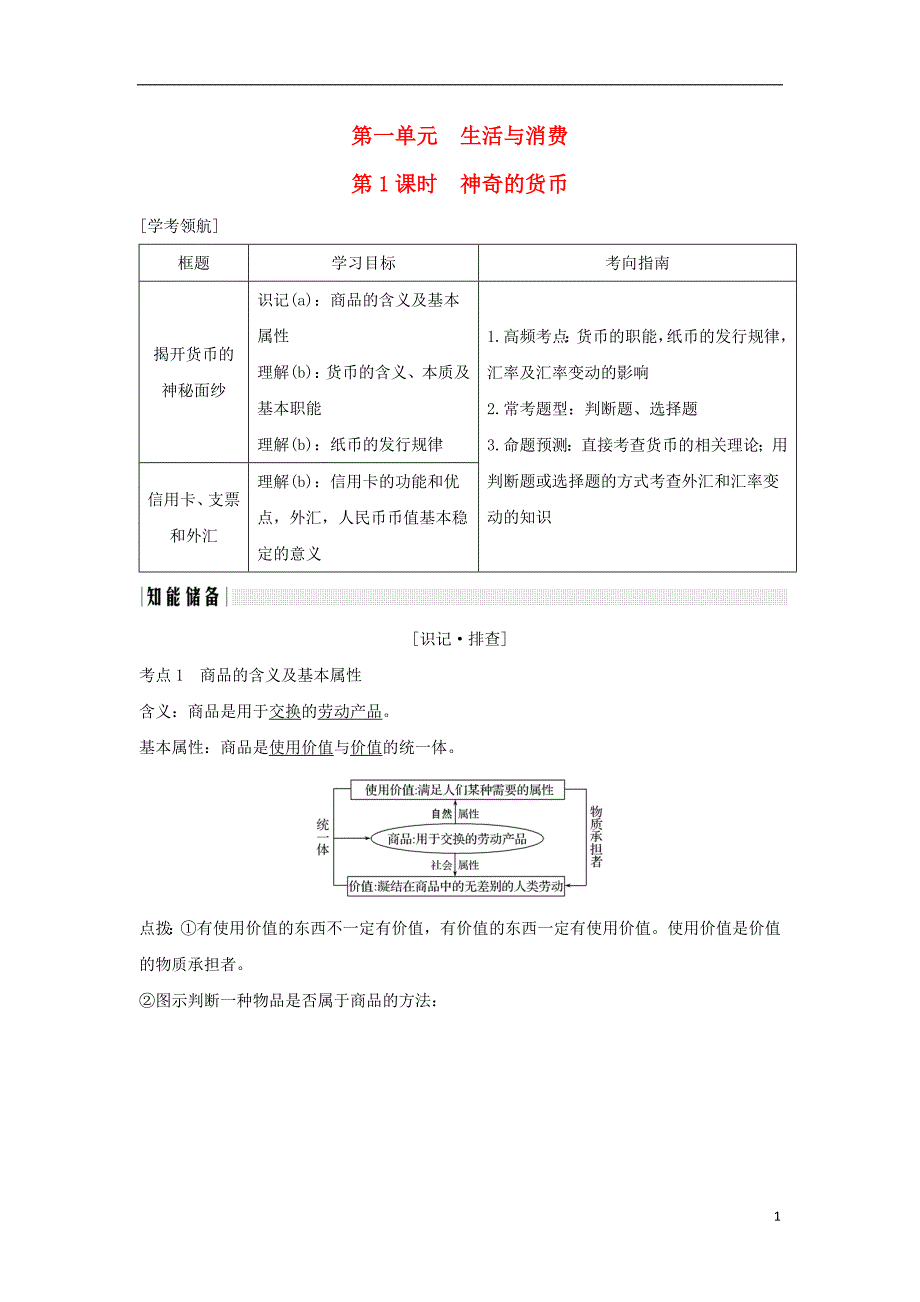 （浙江专版）2019版高考政治大一轮复习 第一单元 生活与消费 第1课时 神奇的货币讲义 新人教版必修1_第1页