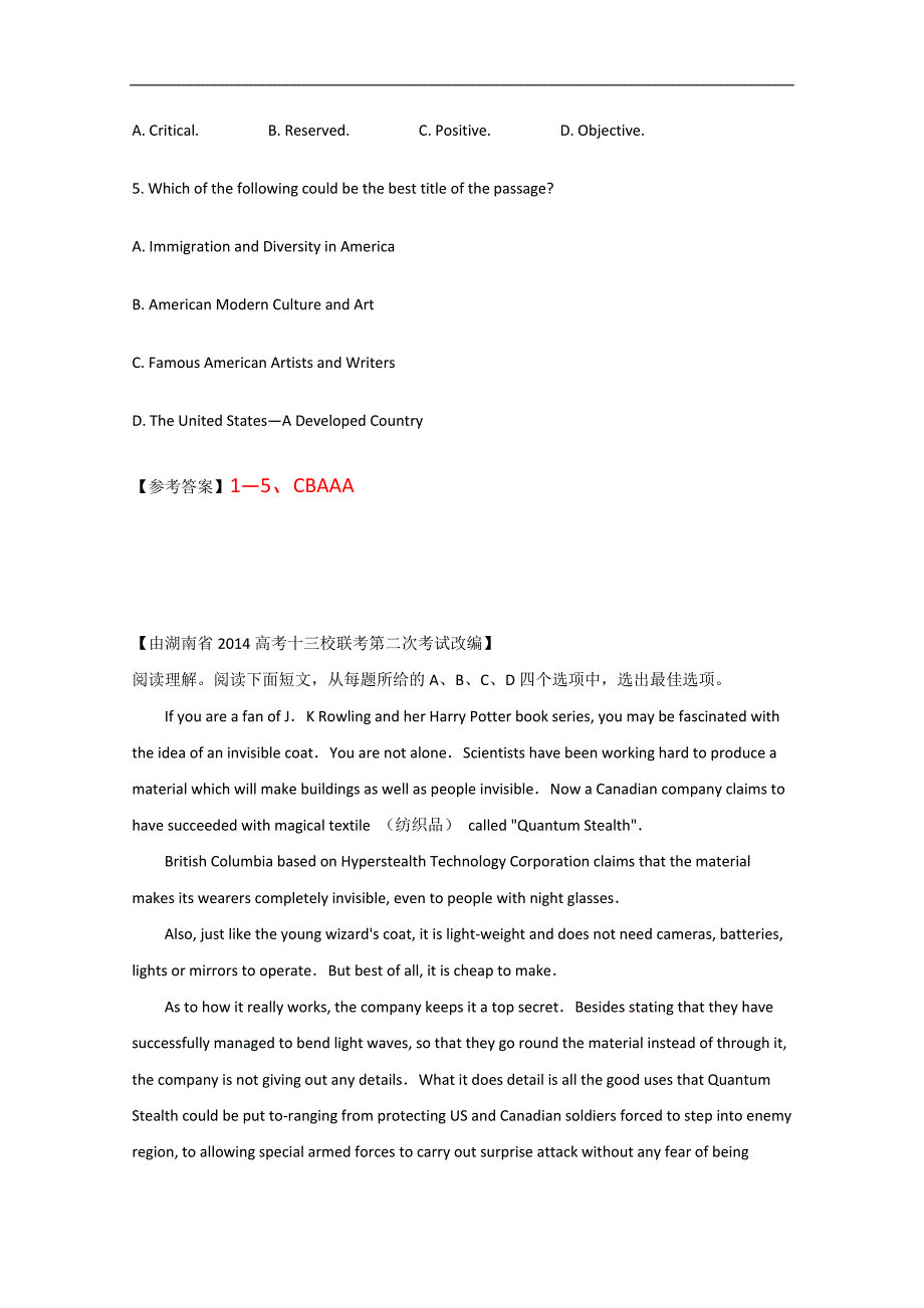 福州市2015高考英语【三月】阅读类训练（十二）及答案_第4页