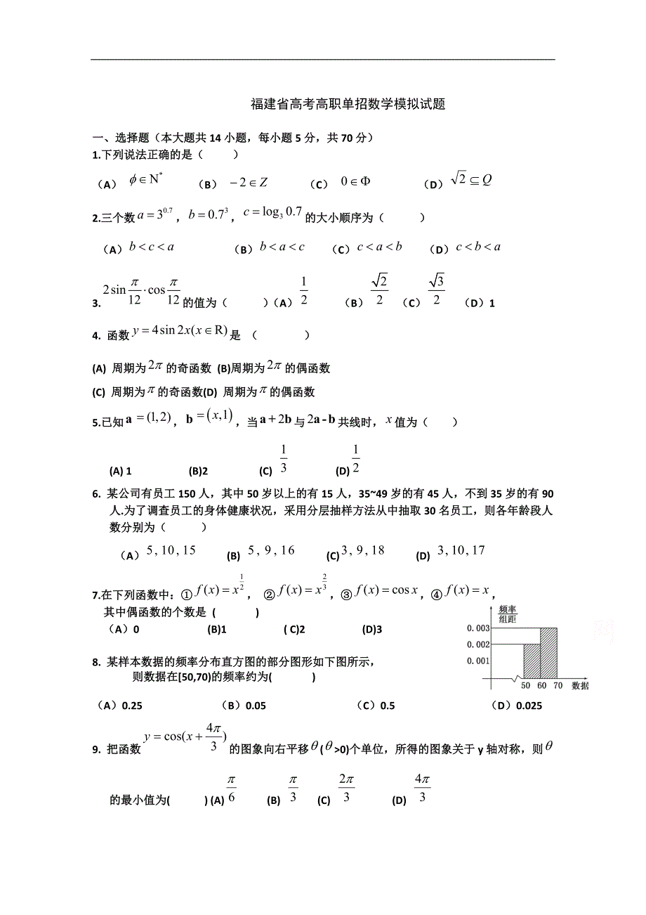 福建省春季高考高职单招数学模拟试题 （十一） word版含答案_第1页