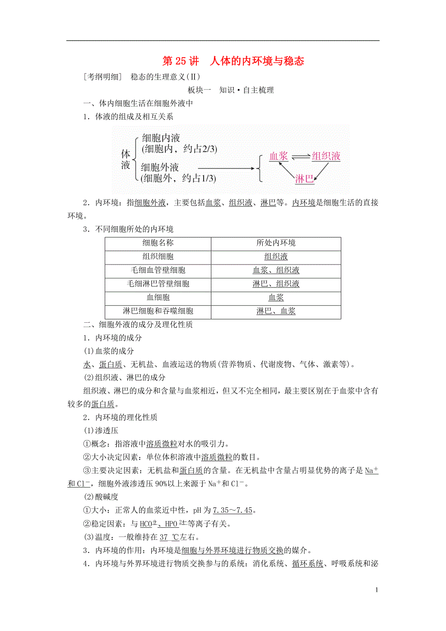 （全国版）2019版高考生物一轮复习 第25讲 人体的内环境与稳态培优学案_第1页