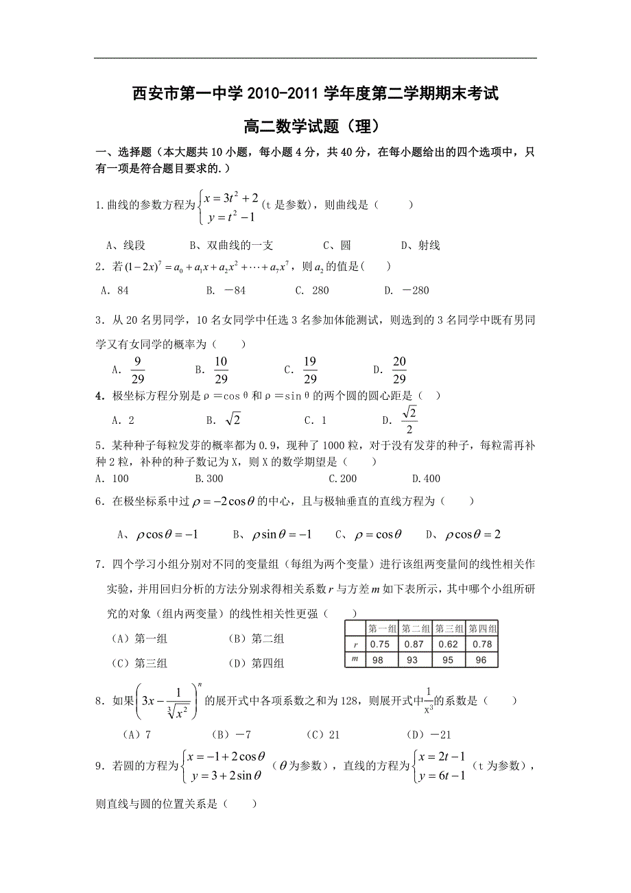 陕西省10-11学年高二下学期期末试题数学理_第1页