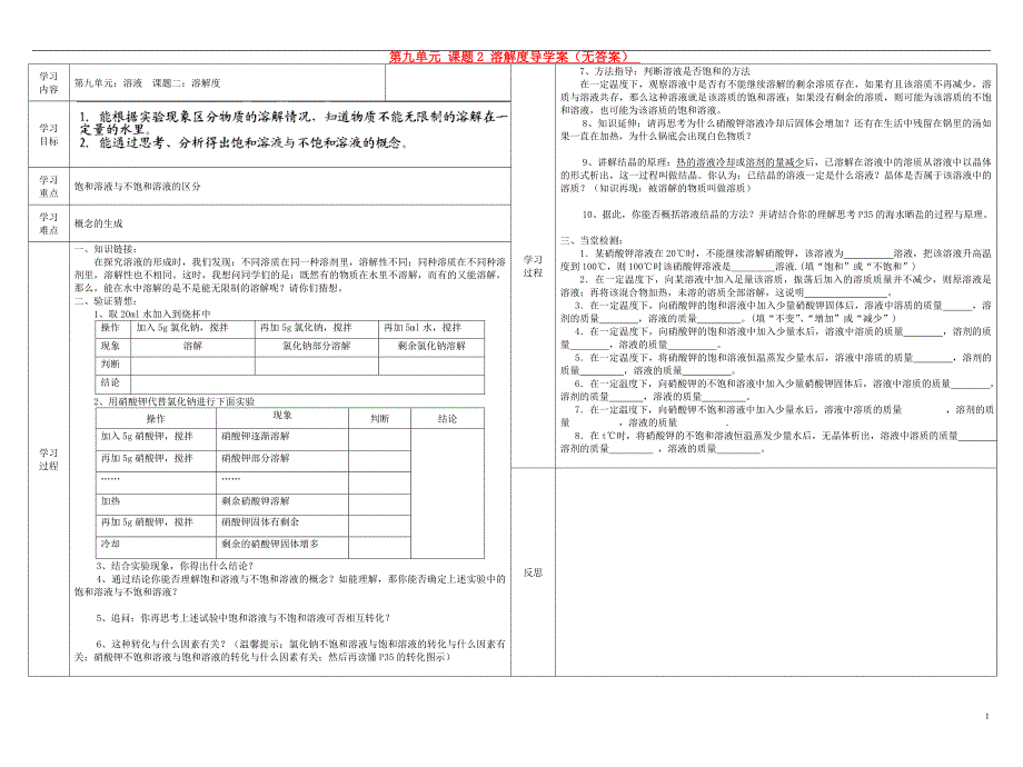 河南省商丘市虞城县第一中学九年级化学下册 第九单元 课题2 溶解度导学案（无答案） 新人教版_第1页