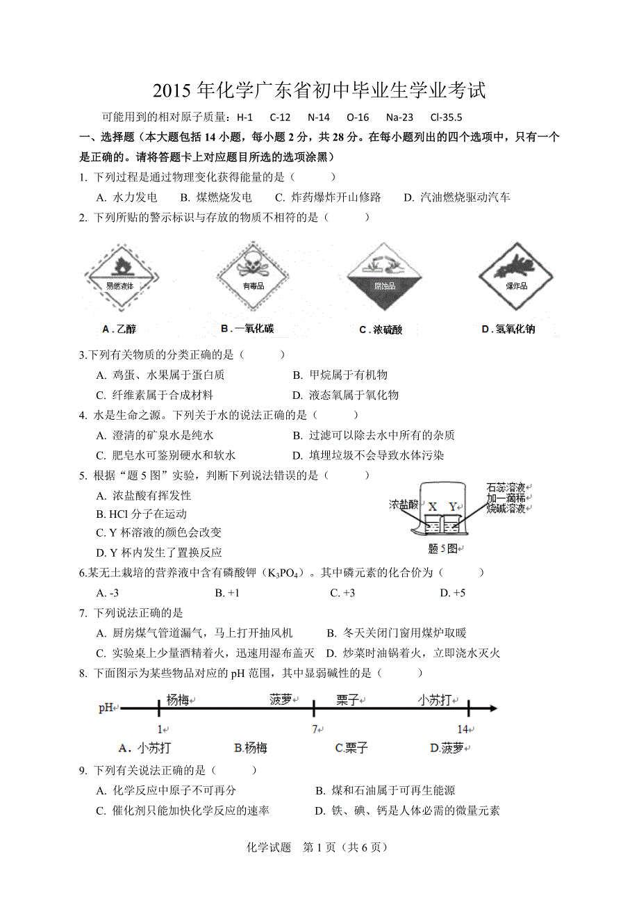 广东省2015年中考化学试题及答案(Word  清晰版  适合打印)_第1页