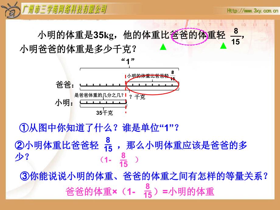 六年级上册,第三单元,分数除法,比一个数多(少),几分之几,小明的体重是35kg,解决问题,例5_第4页