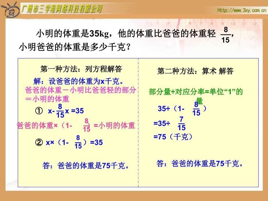 六年级上册,第三单元,分数除法,比一个数多(少),几分之几,小明的体重是35kg,解决问题,例5_第5页