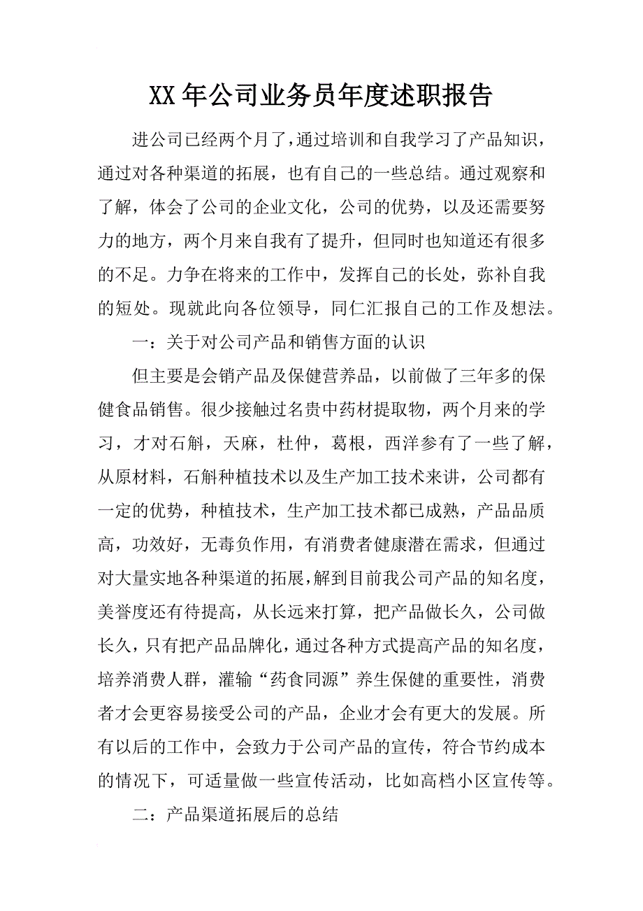 xx年公司业务员年度述职报告_第1页