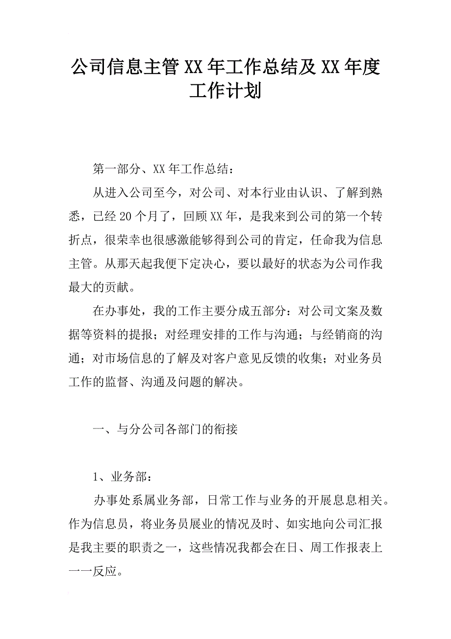 公司信息主管xx年工作总结及xx年度工作计划_第1页