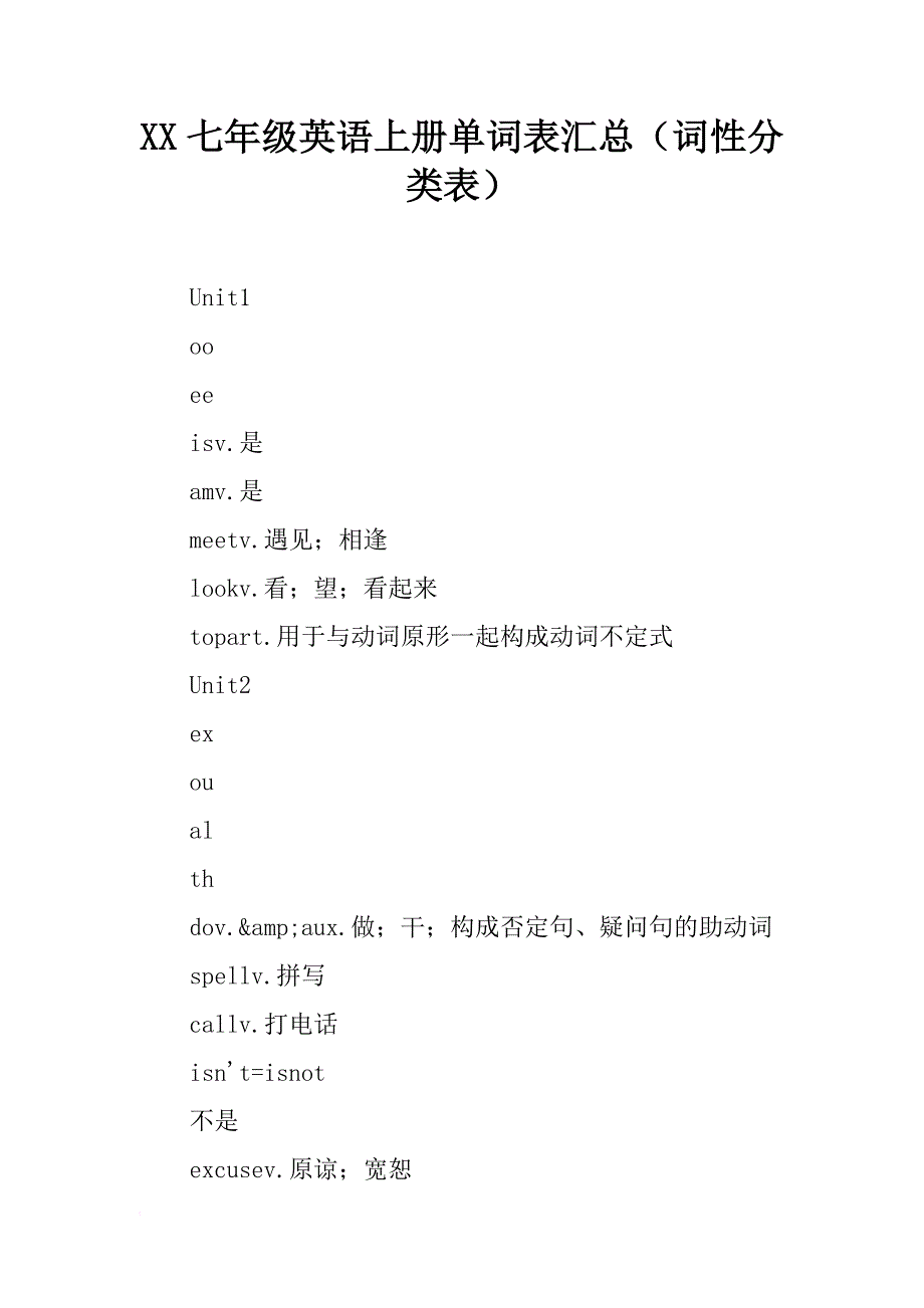 xx七年级英语上册单词表汇总（词性分类表）_第1页