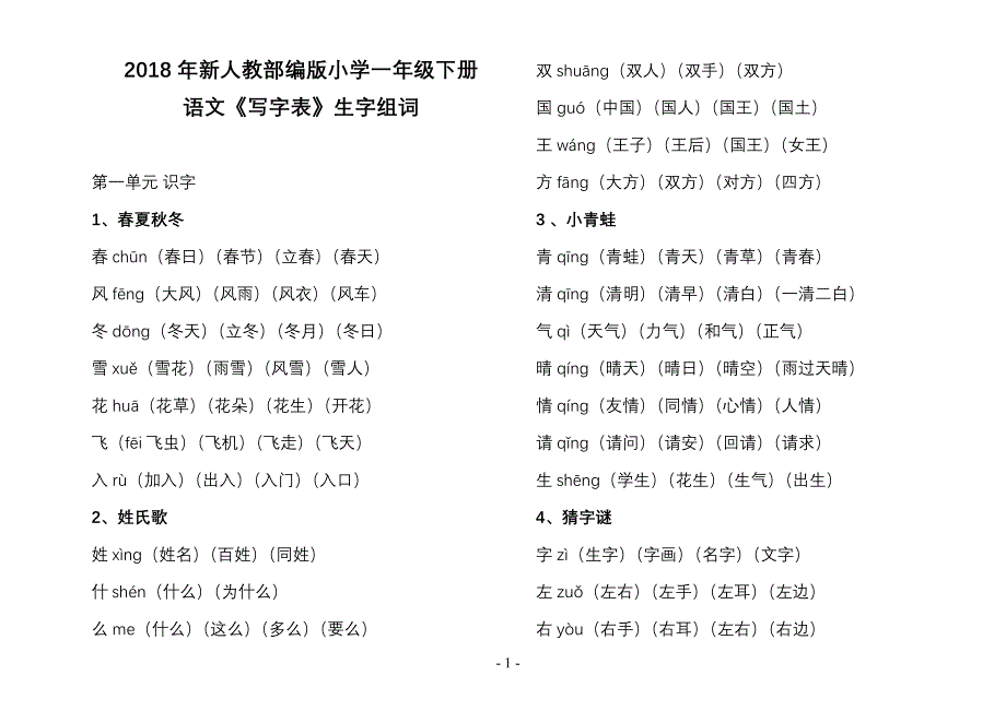 2018年人教部编版小学一年级下册字词(带拼音)_第1页